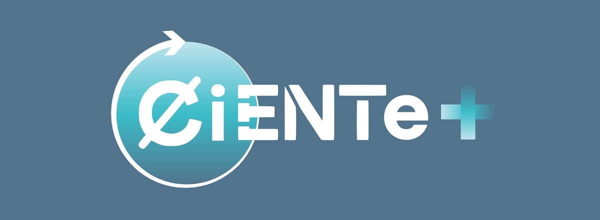 CIENTE logo featuring a circular design with a forward arrow symbol and medical cross on a blue background